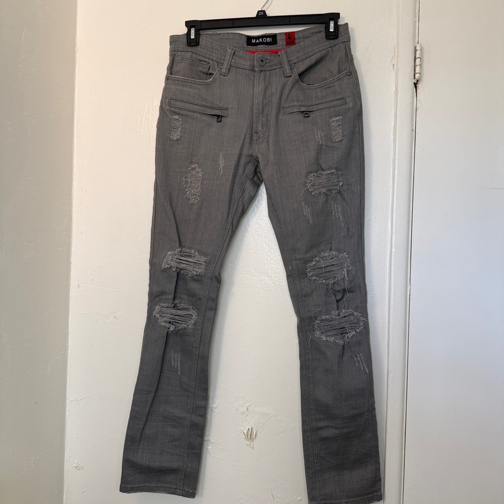 Makobi Distressed Moto Slim Biker Jeans - Heather Grey (32x32)